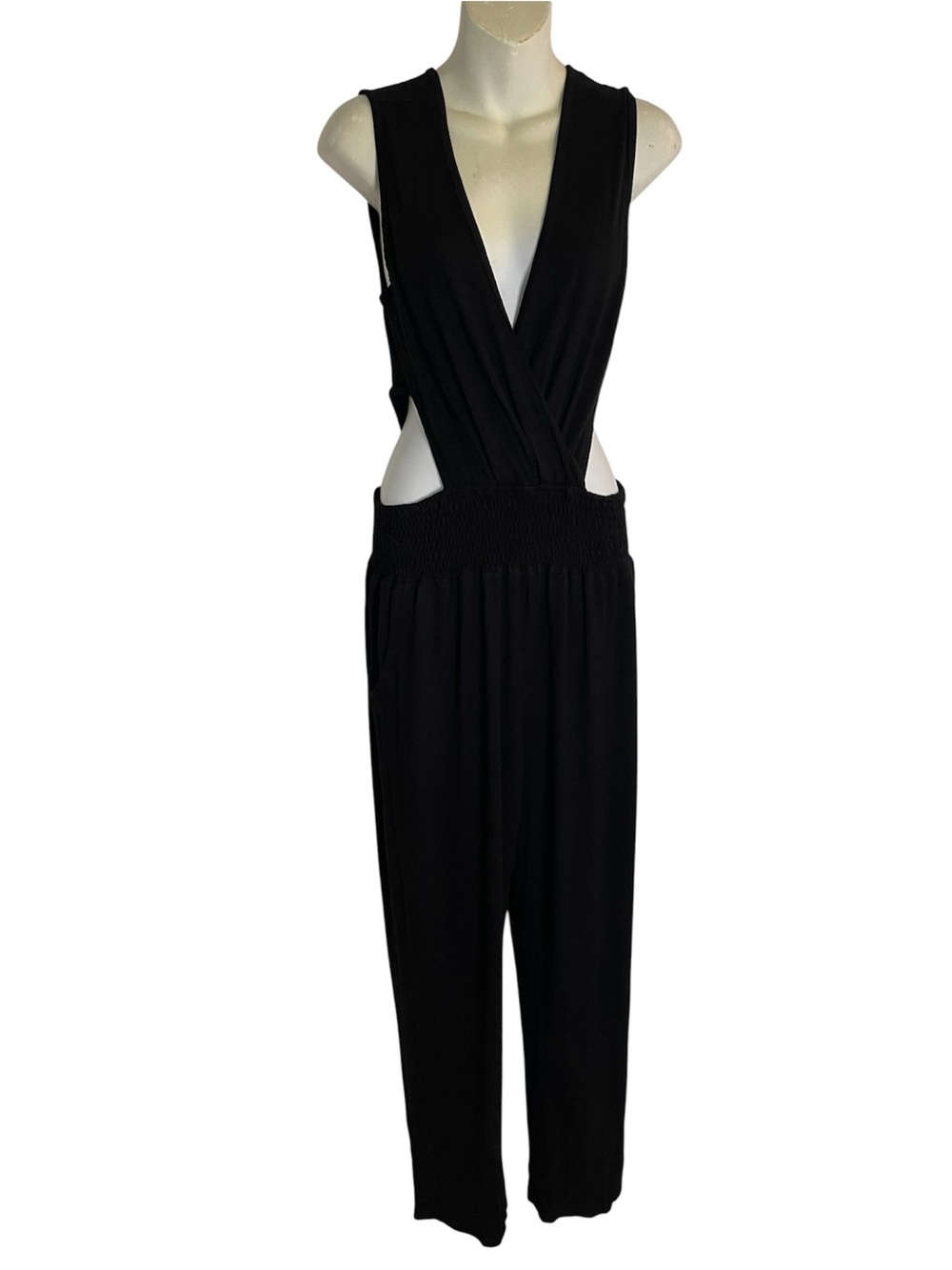 Earthbound Women’s Black Sleeveless Jumpsuit with Deep V-Neck Size Medium